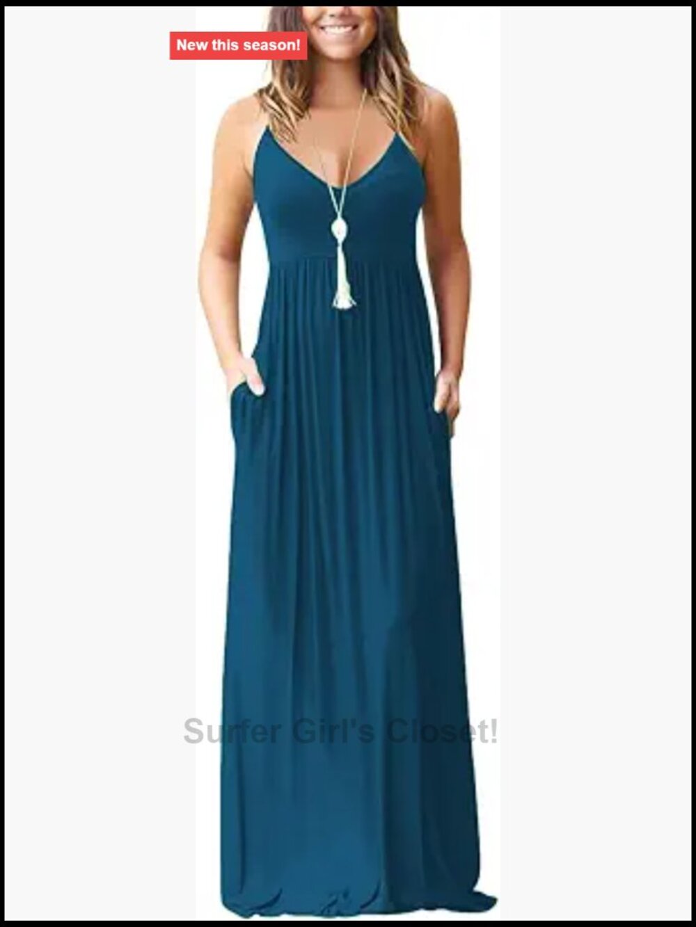 Loose Maxi Dress Adjustable Spaghetti Strap with Pockets Casual Summer Beach